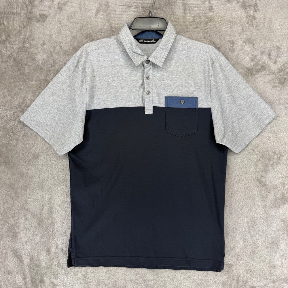 TravisMathew Polo Shirt Mens M Colorblock Gray Navy Blue Pima Cotton Blend EUC